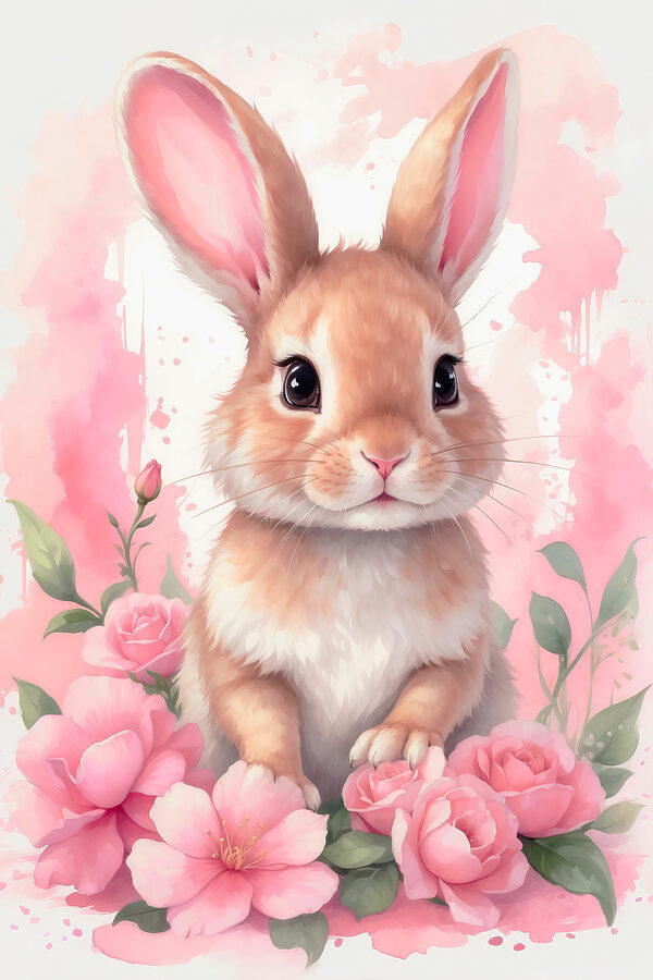 Lapin avec des fleurs roses Lapin avec des fleurs roses