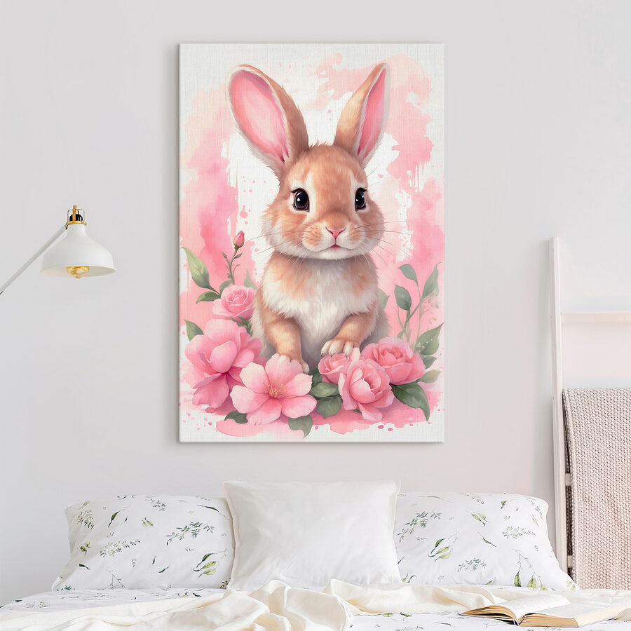 Lapin avec des fleurs roses