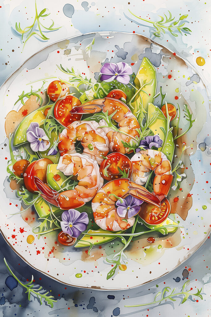 Watercolor painting of a plate of shrimp and avocado