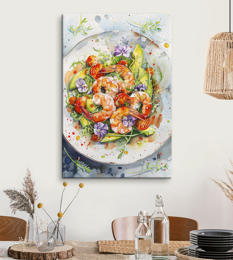 Watercolor painting of a plate of shrimp and avocado