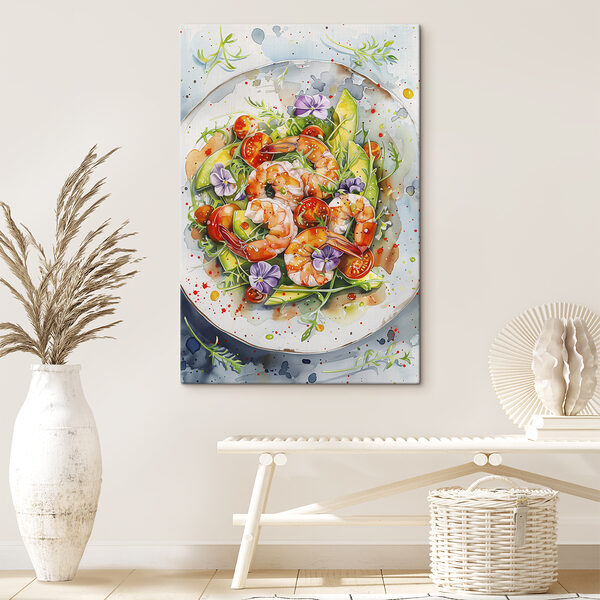 Peinture à l'aquarelle d'une assiette de crevettes et d'avocats Peinture à l'aquarelle d'une assiette de crevettes et d'avocats