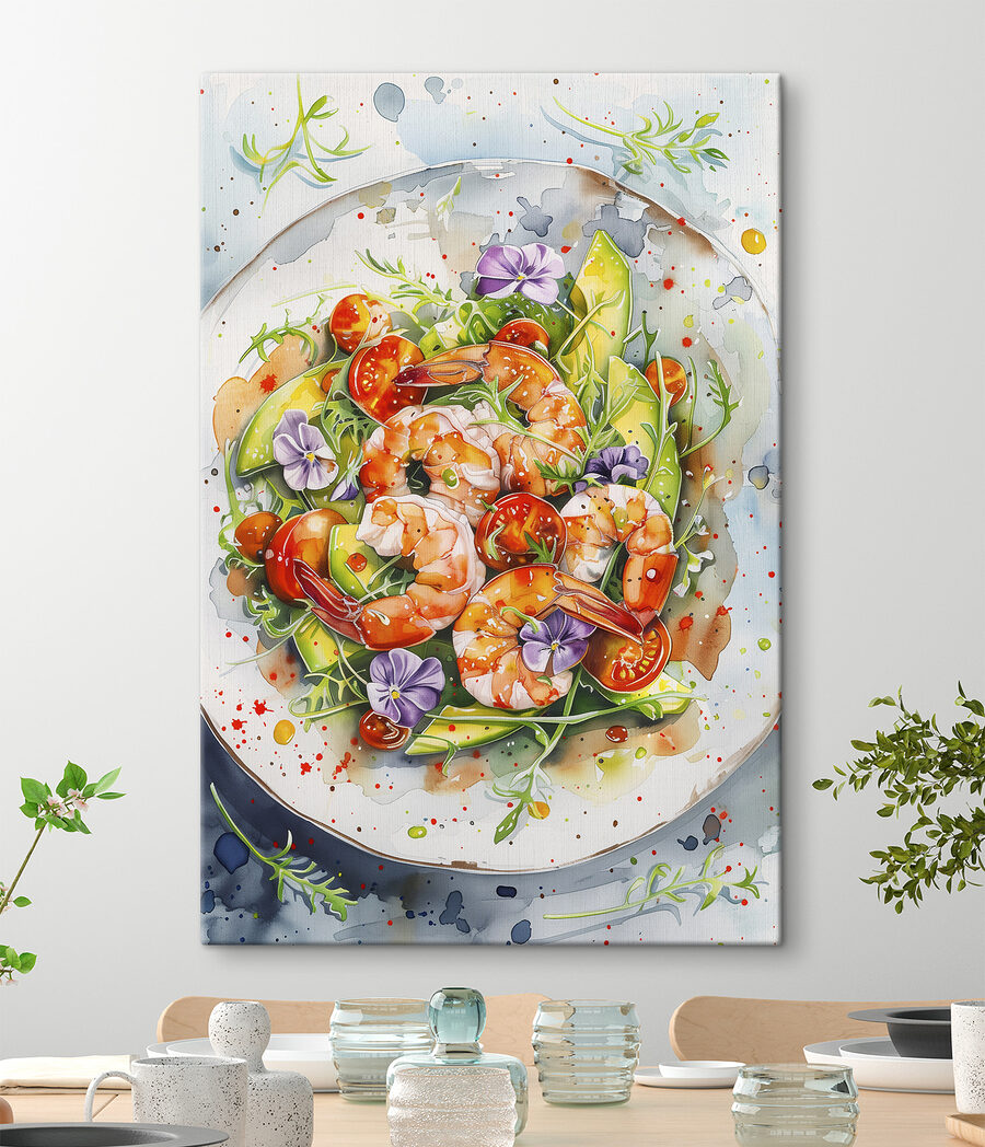 Peinture à l'aquarelle d'une assiette de crevettes et d'avocats Peinture à l'aquarelle d'une assiette de crevettes et d'avocats