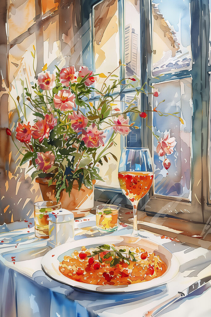 Watercolor painting of a table with food and flowers Watercolor painting of a table with food and flowers