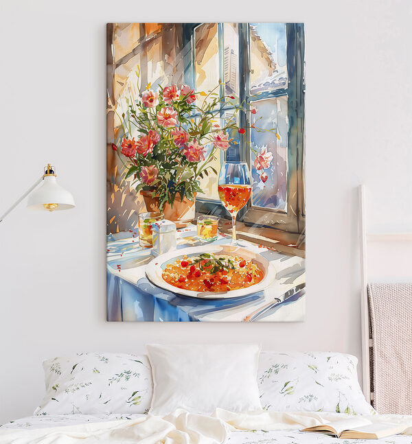 Peinture à l'aquarelle d'une table avec de la nourriture et des fleurs Peinture à l'aquarelle d'une table avec de la nourriture et des fleurs