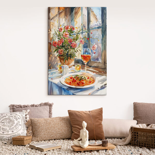 Peinture à l'aquarelle d'une table avec de la nourriture et des fleurs Peinture à l'aquarelle d'une table avec de la nourriture et des fleurs
