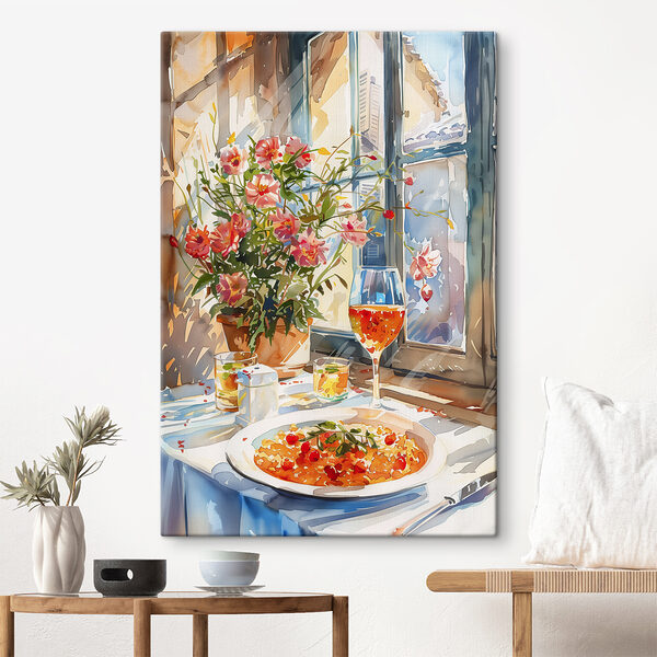 Peinture à l'aquarelle d'une table avec de la nourriture et des fleurs Peinture à l'aquarelle d'une table avec de la nourriture et des fleurs