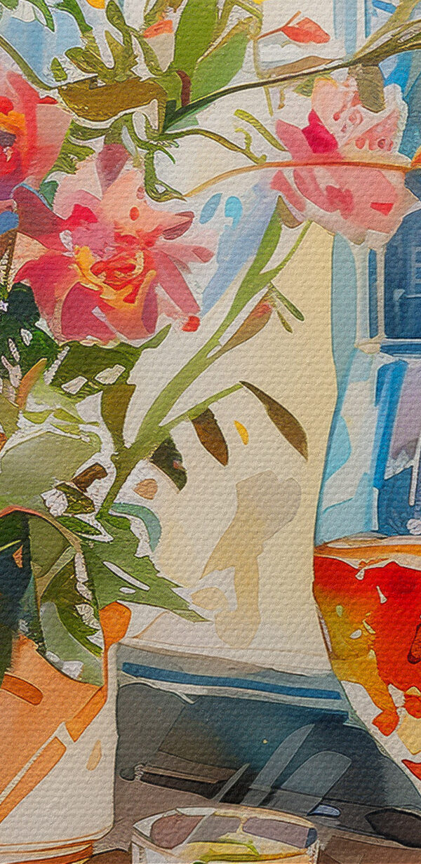 Peinture à l'aquarelle d'une table avec de la nourriture et des fleurs Peinture à l'aquarelle d'une table avec de la nourriture et des fleurs