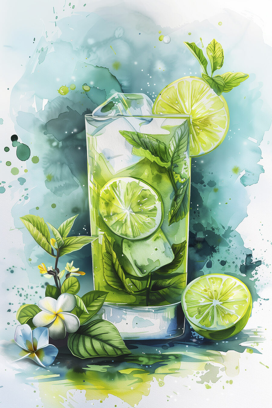 Aquarelle d'une boisson avec des citrons verts et des feuilles