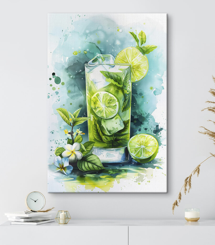 Aquarelle d'une boisson avec des citrons verts et des feuilles