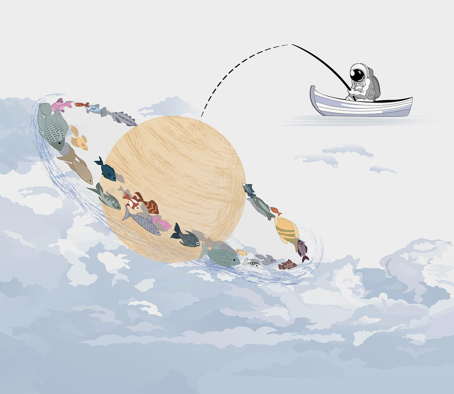 Dessin animé d'une planète avec des poissons