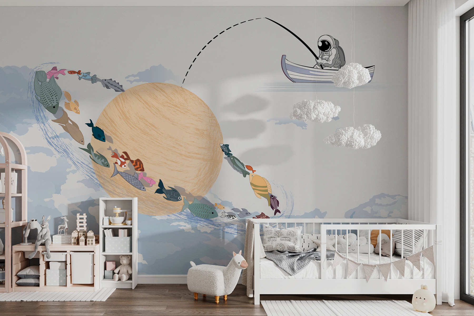 Cartoon of a planet with fish in it Cartoon of a planet with fish in it