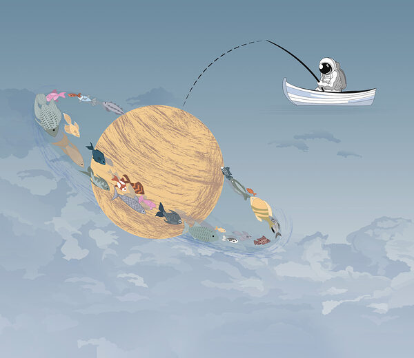 Dessin humoristique d'un homme pêchant dans un bateau dans le ciel Dessin humoristique d'un homme pêchant dans un bateau dans le ciel