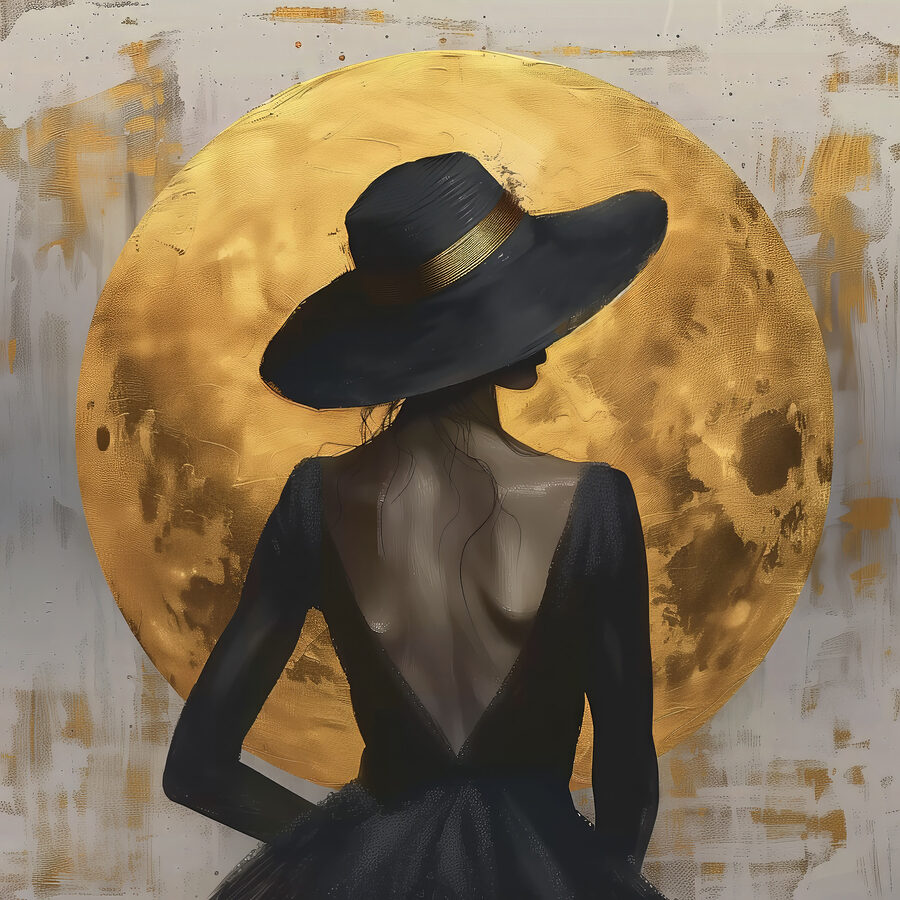 Femme en robe noire et chapeau