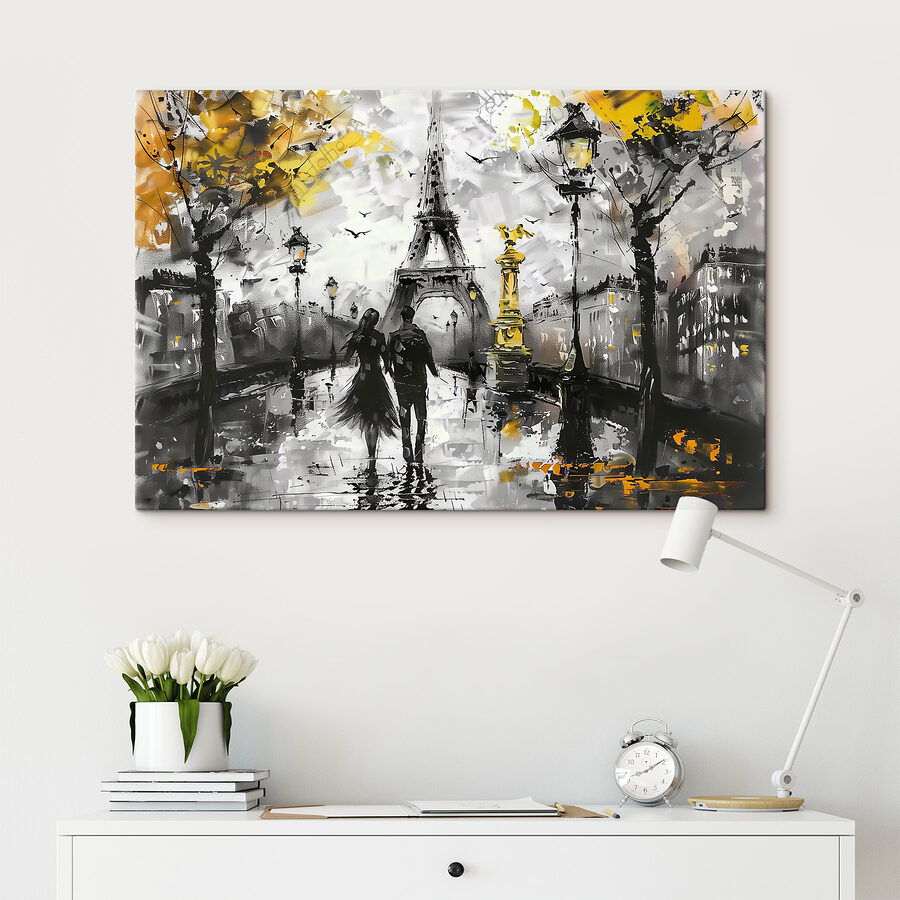 Couple se promenant dans l'art parisien.