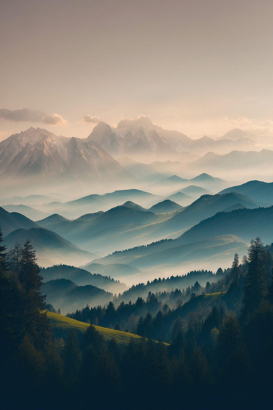 Chaîne de montagnes avec arbres et brouillard