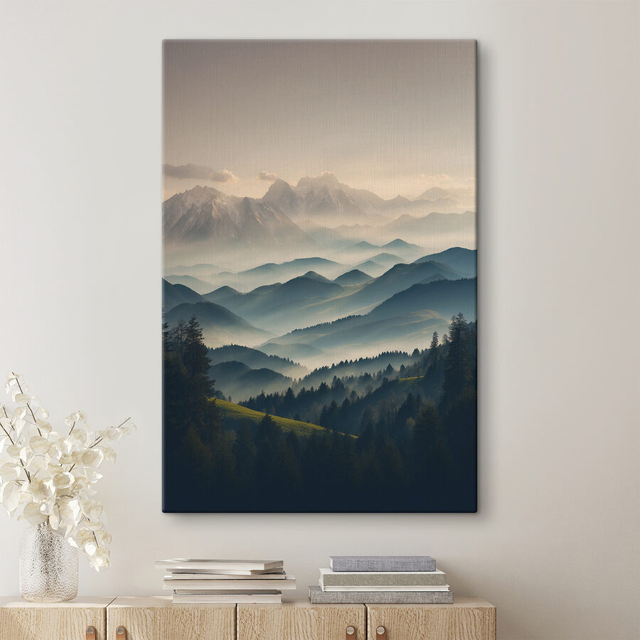 Chaîne de montagnes avec arbres et brouillard