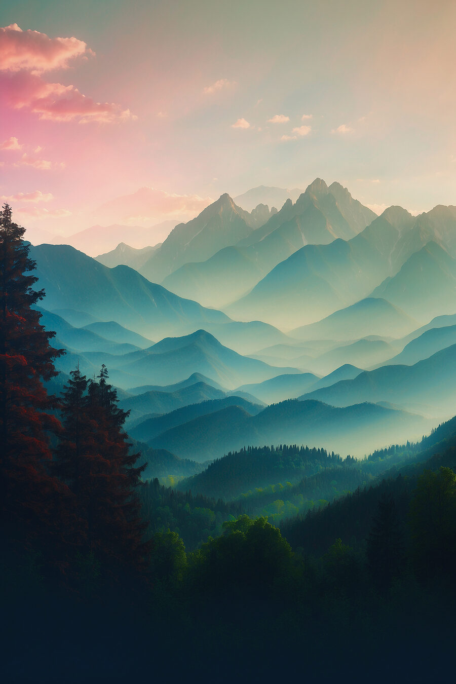 Chaîne de montagnes avec arbres et nuages