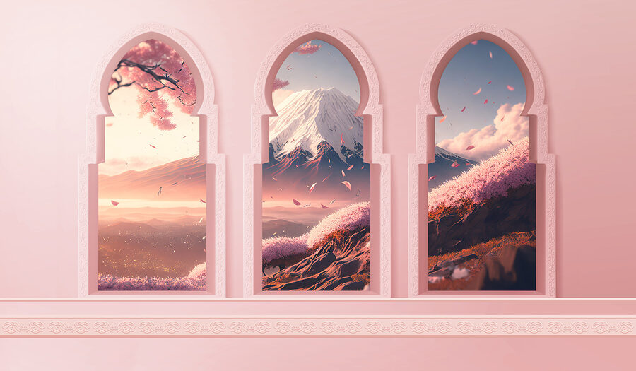 Trois fenêtres cintrées avec vue sur les montagnes Trois fenêtres cintrées avec vue sur les montagnes