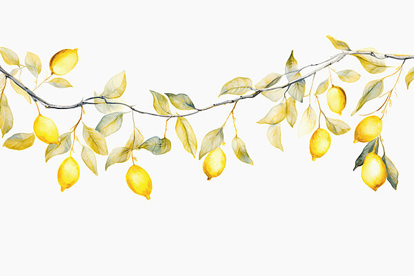 Branche avec feuilles jaunes et citrons Branche avec feuilles jaunes et citrons