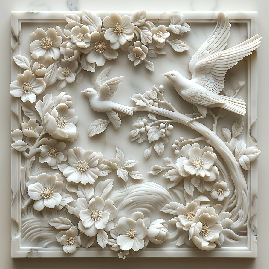 Sculpture blanche d'oiseaux et de fleurs