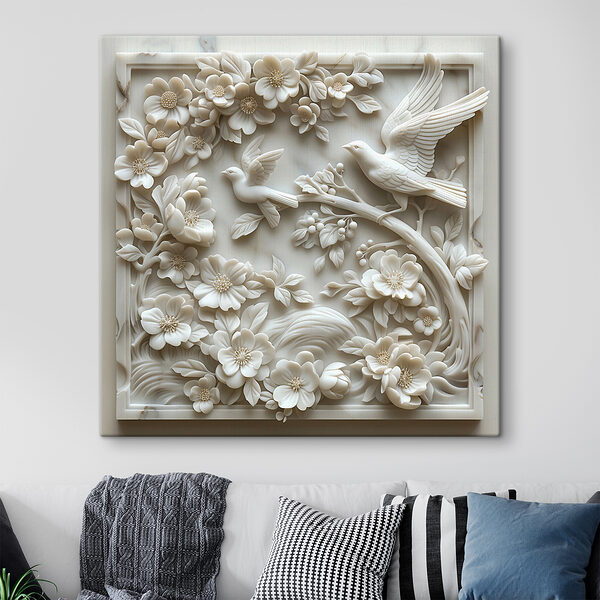 Sculpture blanche d'oiseaux et de fleurs Sculpture blanche d'oiseaux et de fleurs