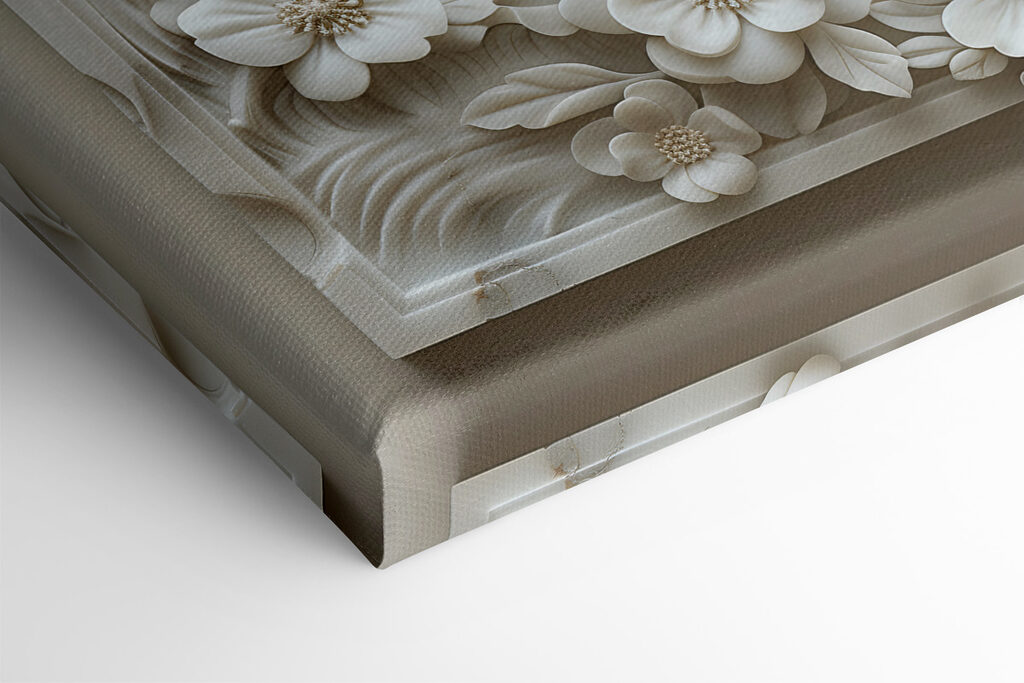 White sculpture of birds and flowers