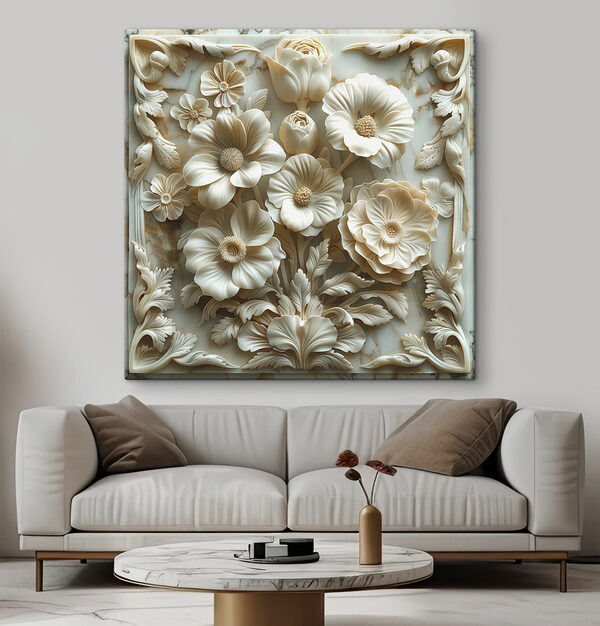 Sculpture de fleurs blanches sur une surface en marbre Sculpture de fleurs blanches sur une surface en marbre