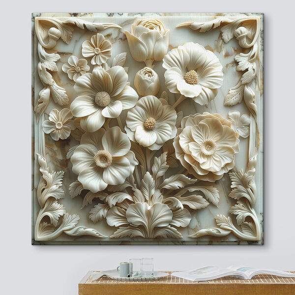 Sculpture de fleurs blanches sur une surface en marbre Sculpture de fleurs blanches sur une surface en marbre