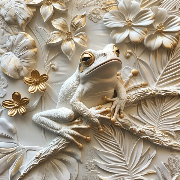 Grenouille se reposant au milieu de fleurs complexes. Grenouille se reposant au milieu de fleurs complexes.