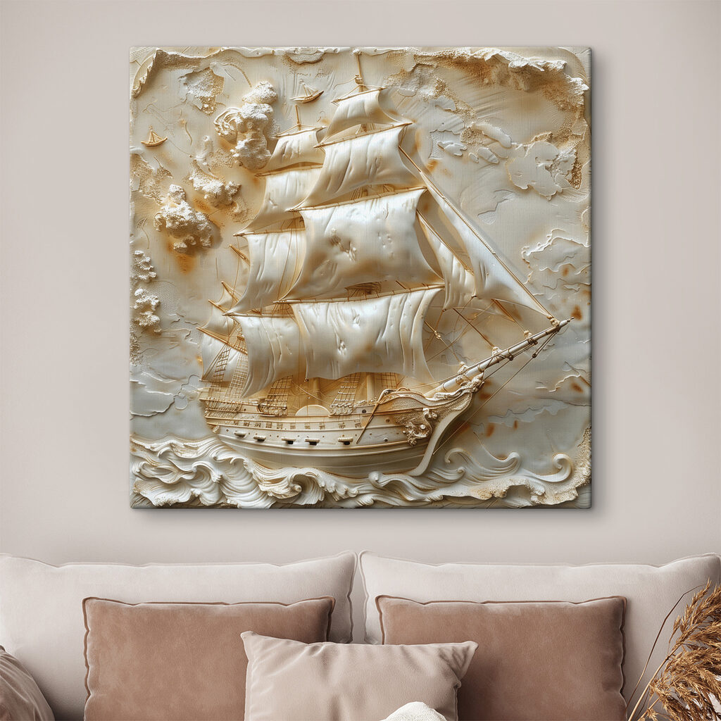 Carved ship with sails