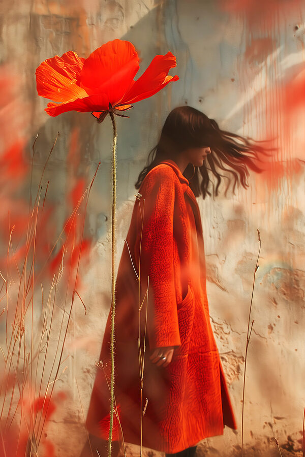 Femme en manteau rouge avec une grande fleur Femme en manteau rouge avec une grande fleur