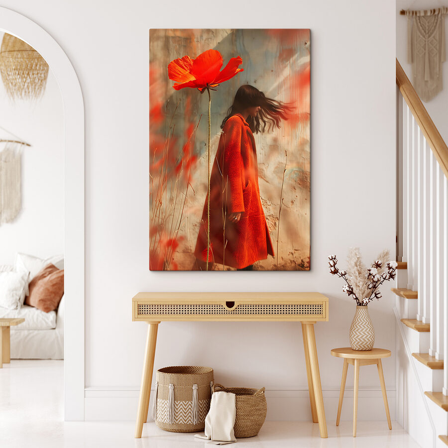 Femme en manteau rouge avec une grande fleur