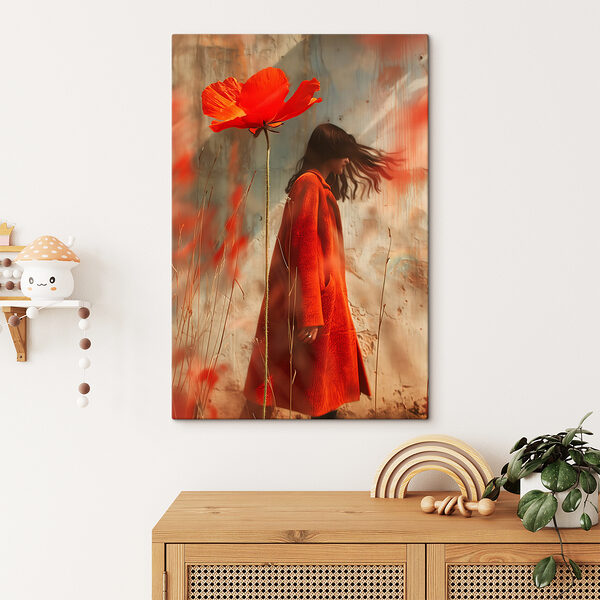 Femme en manteau rouge avec une grande fleur Femme en manteau rouge avec une grande fleur