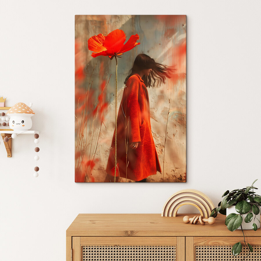 Femme en manteau rouge avec une grande fleur