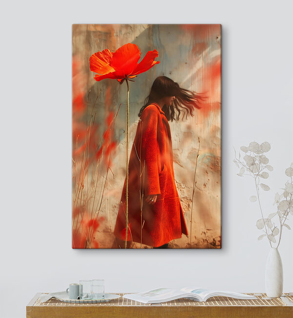 Femme en manteau rouge avec une grande fleur Femme en manteau rouge avec une grande fleur