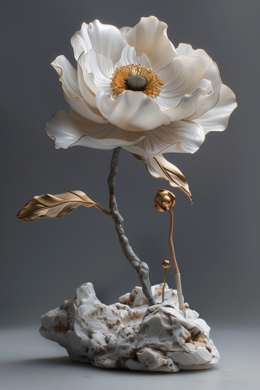 Élégante sculpture florale en porcelaine exposée.