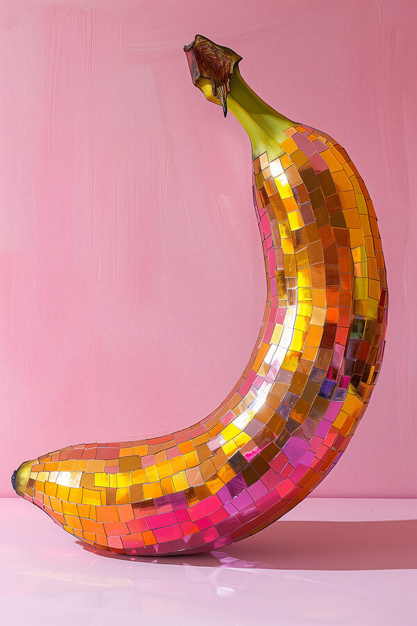 Banane miroir colorée sur fond rose Banane miroir colorée sur fond rose