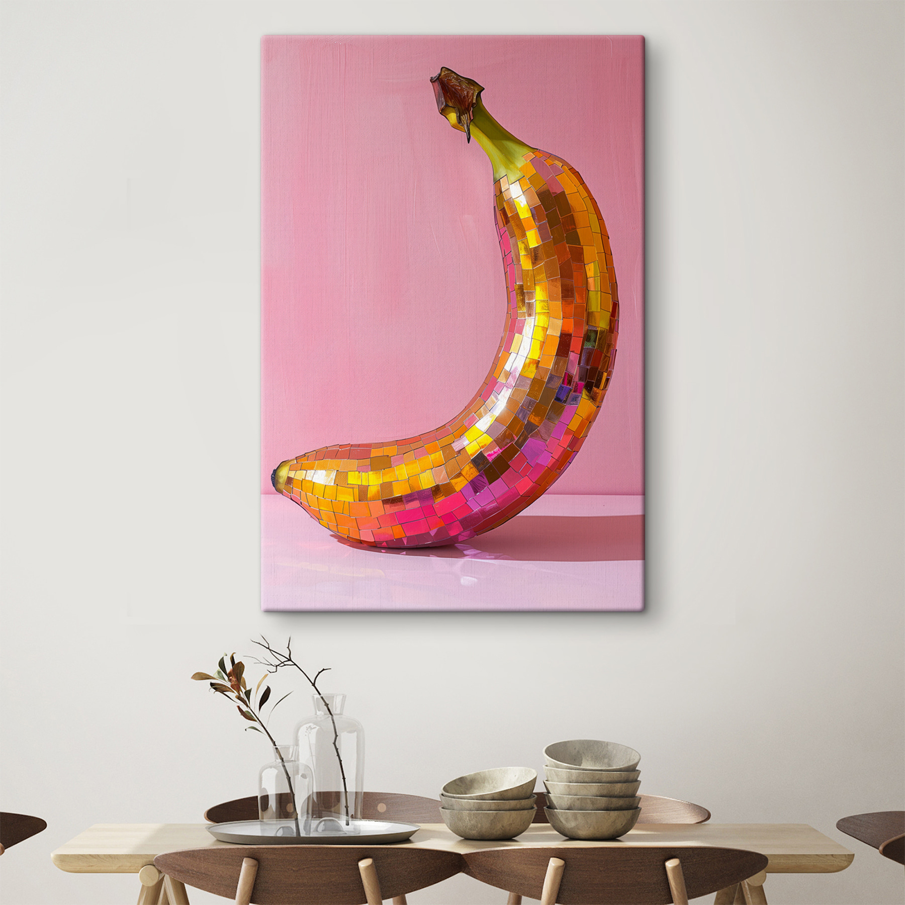 Colorful mirror banana on a pink background