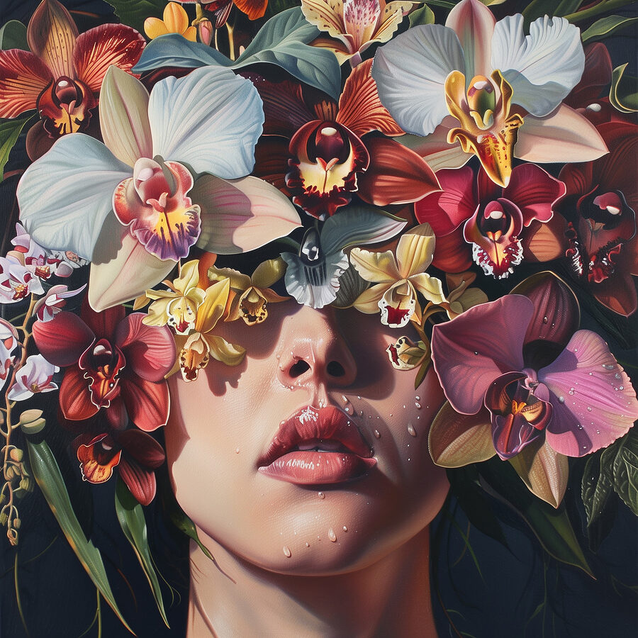 Peinture d'une femme avec des fleurs sur la tête
