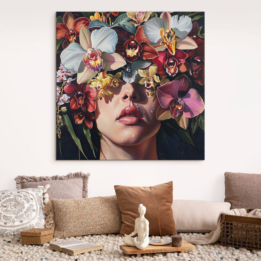 Peinture d'une femme avec des fleurs sur la tête