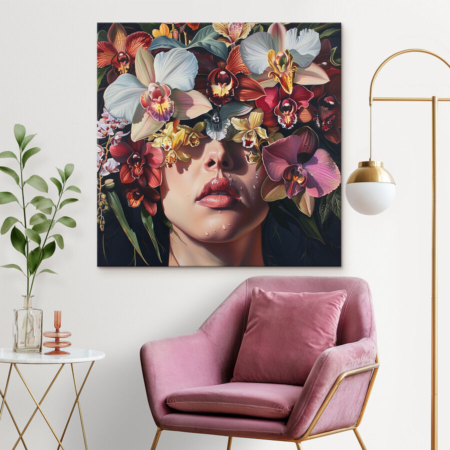 Peinture d'une femme avec des fleurs sur la tête