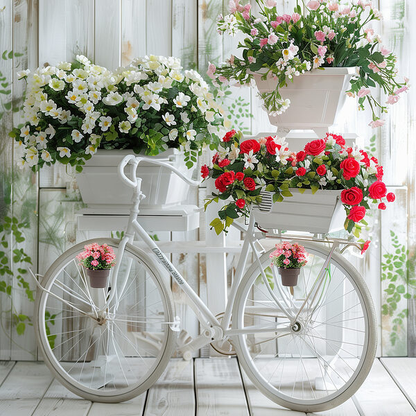 Vélo avec des fleurs dans des paniers Vélo avec des fleurs dans des paniers