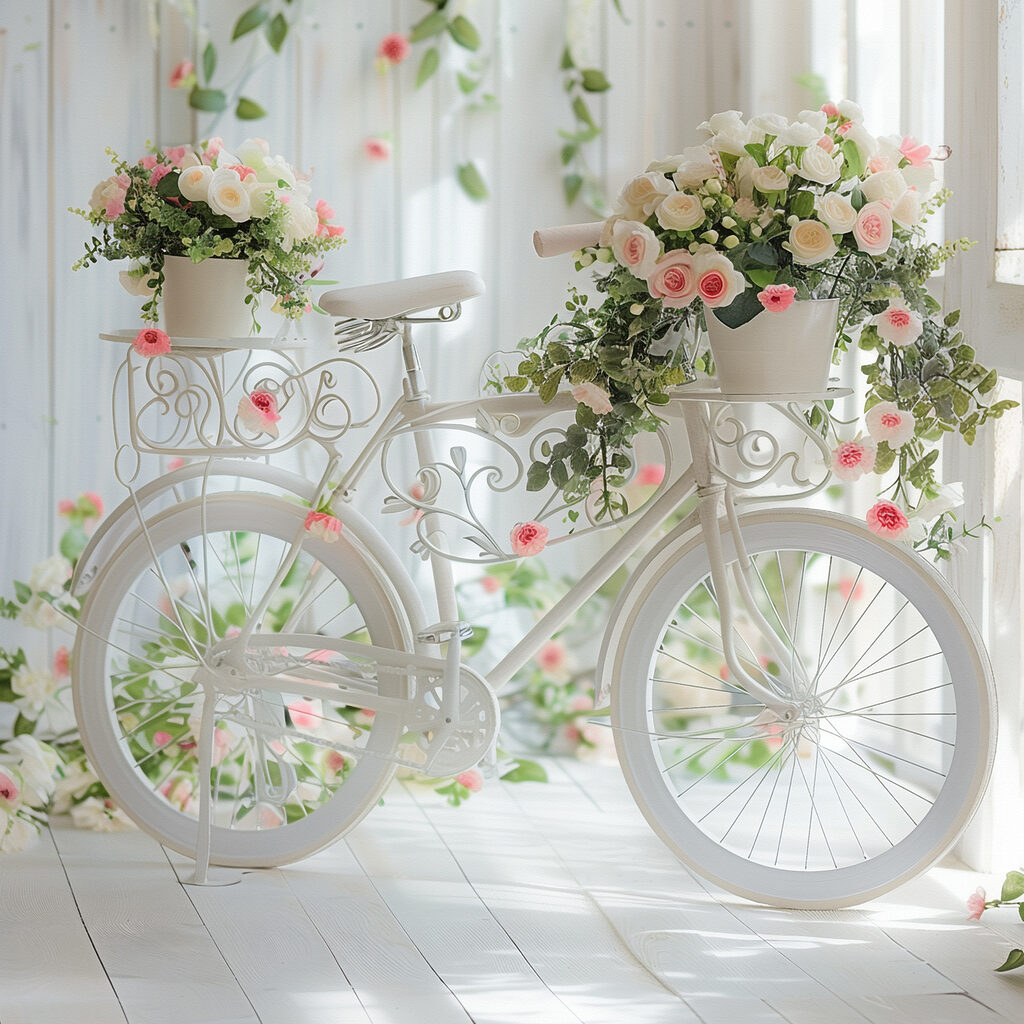 White bicycle with flowers on it White bicycle with flowers on it