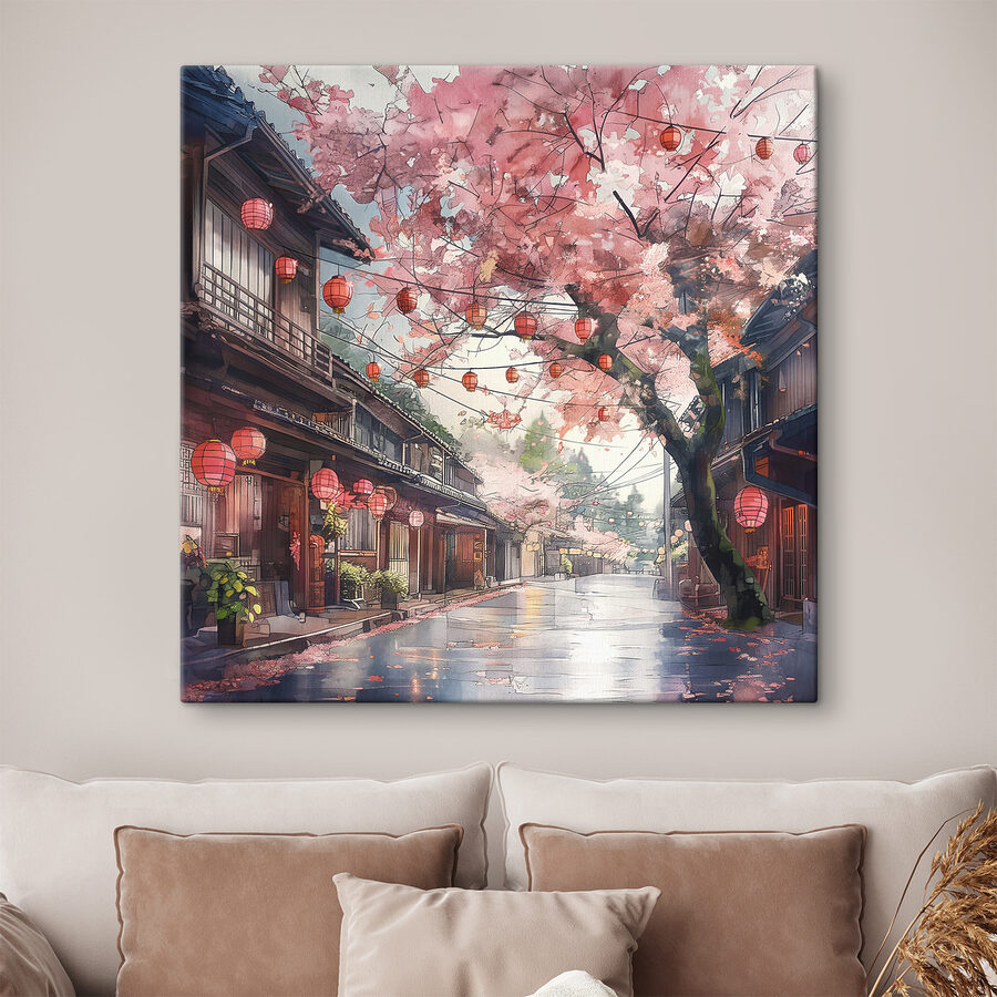 Rue avec lanternes roses et arbres
