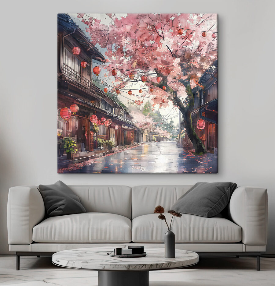 Rue avec lanternes roses et arbres