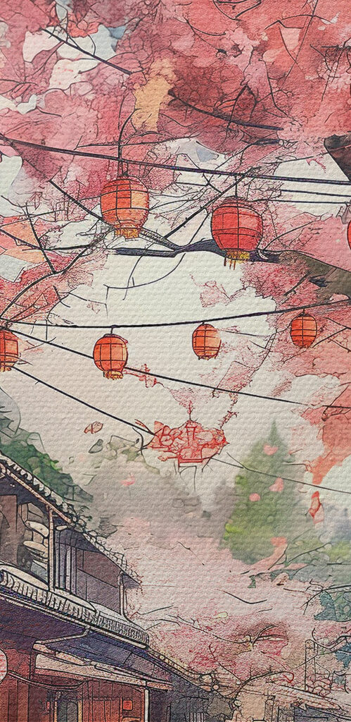 Street with pink lanterns and trees