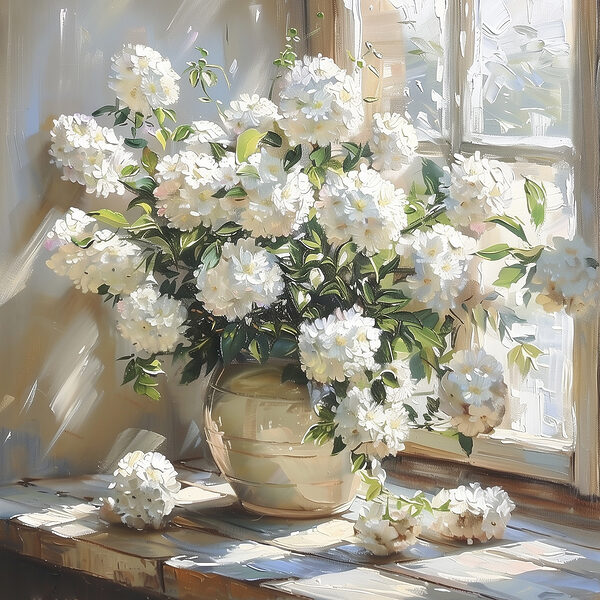 Vase de fleurs blanches devant une fenêtre Vase de fleurs blanches devant une fenêtre