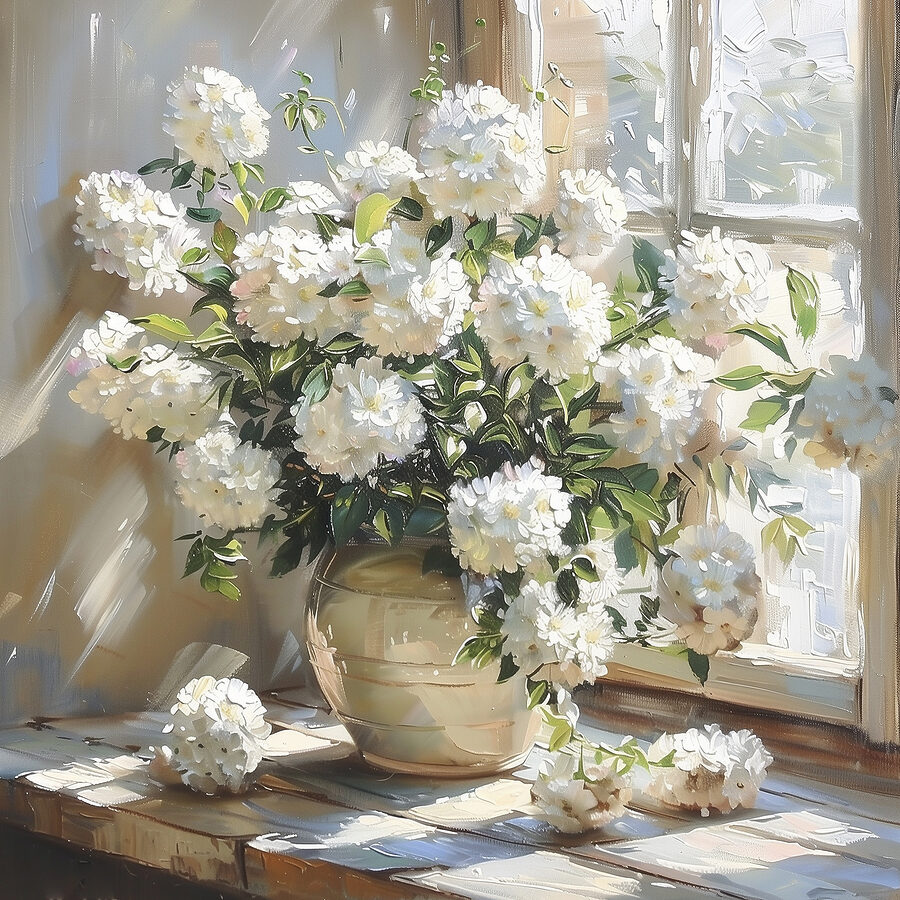 Vase de fleurs blanches devant une fenêtre