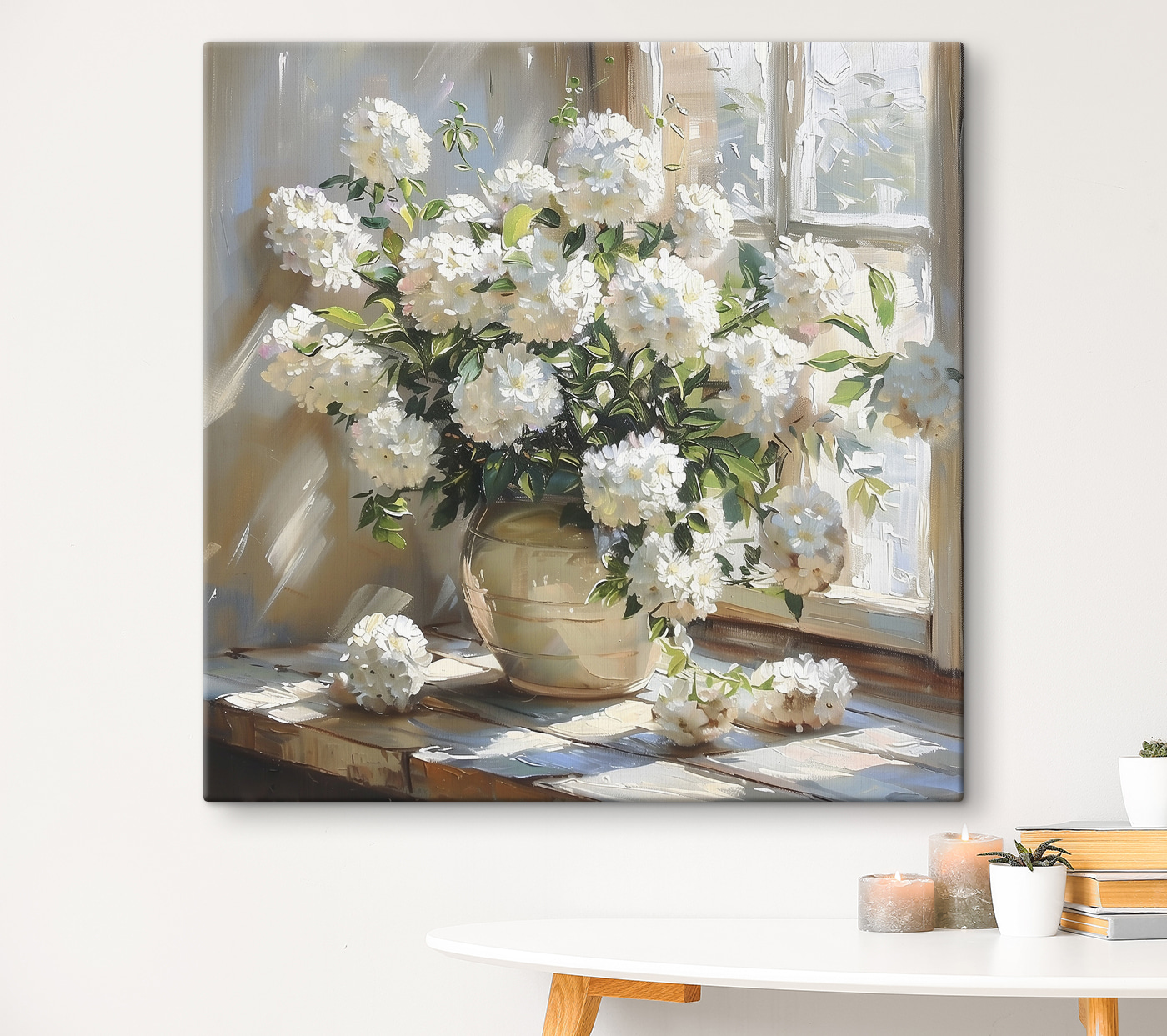 Vase of white flowers in front of a window