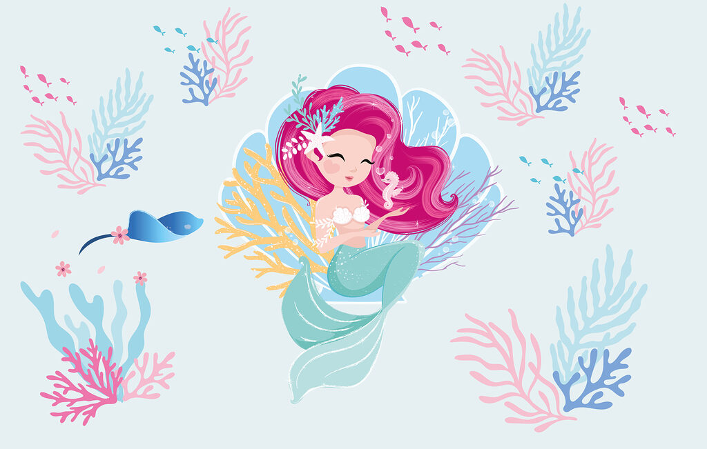 Sirène de dessin animé avec des cheveux roses et un hippocampe Sirène de dessin animé avec des cheveux roses et un hippocampe